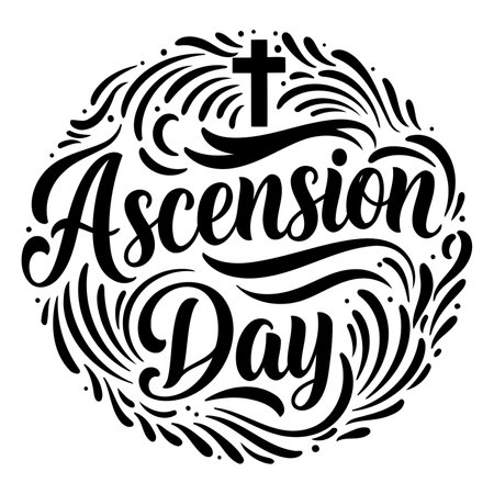Stylish, black and white typography design of "Ascension Day" perfect for religious holidays, church marketing, or editorial use.  Circular, ornate design.のイラスト素材