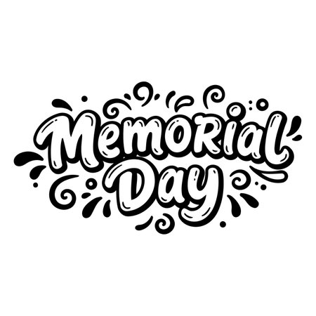Bold, stylized lettering of "Memorial Day" is surrounded by swirls and decorative elements. Suitable for advertising, editorial, or social media.のイラスト素材