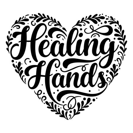 Decorative heart-shaped design with the phrase "Healing Hands" in a script font, framed by floral/leafy elements. Ideal for wellness-related marketing, product packaging, or educational materials.のイラスト素材