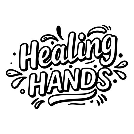 Bold, stylized graphic design featuring the phrase "Healing Hands." Ideal for wellness, health, or charity-related marketing and social media campaigns.のイラスト素材