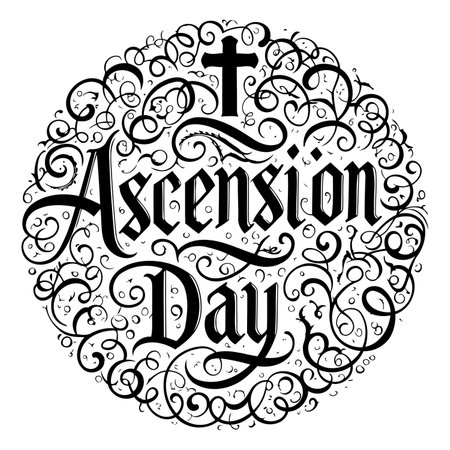 Ornate typographic design featuring "Ascension Day" in a decorative, gothic-style font.  Intricate swirls and flourishes surround the text, creating a visually rich, religious-themed image.  Ideal for advertising or editorial content related to Christian holidays or historical events.のイラスト素材