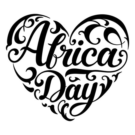 Heart-shaped, stylized lettering of "Africa Day".  Ornate, decorative flourishes.  Suitable for advertising, greeting cards, or editorial pieces related to Africa.のイラスト素材