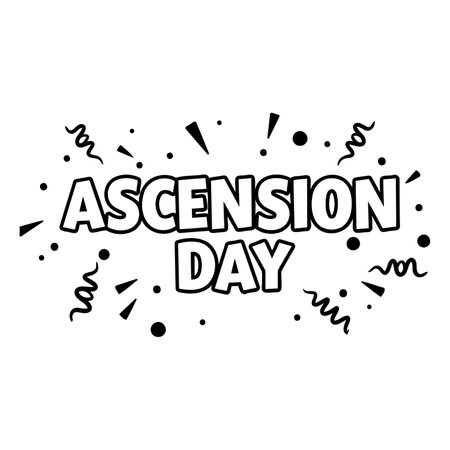Bold, stylized text "ASCENSION DAY" in comic book/pop art style, with confetti-like elements.  Perfect for religious or holiday advertising/editorial.のイラスト素材