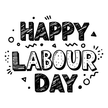 Bold, playful typography celebrating Labor Day.  Hand-drawn style with textured, 3D-effect lettering and decorative elements.  Suitable for advertising, social media, or editorial use related to Labor Day, celebrations, or working class themes.のイラスト素材