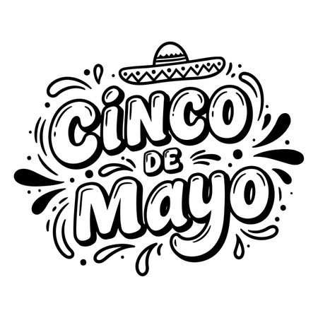 Bold, stylized lettering of "Cinco de Mayo" with a sombrero.  Hand-drawn, fun, and festive design. Ideal for advertising, social media, or editorial content focused on Mexican culture or celebration.のイラスト素材