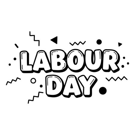 Bold, stylized "Labour Day" text in a cartoonish, 80s-inspired font.  Graphic elements (zigzags, dots, triangles) create a fun, celebratory vibe.  Suitable for advertising, social media posts, or print materials related to the holiday.のイラスト素材