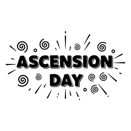 Bold "Ascension Day" graphic with decorative swirls and radiating lines.  Fun, stylized lettering suitable for religious or cultural celebrations.  Great for advertising, posters, or editorial content related to faith or holidays.のイラスト素材