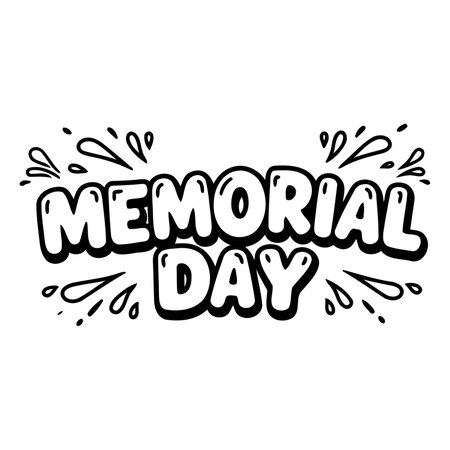 Bold, cartoon-style lettering graphic of "Memorial Day" with decorative elements, ideal for patriotic advertising or social media posts.のイラスト素材
