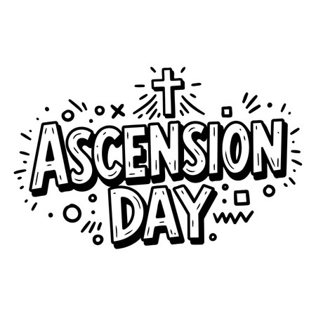 Bold, stylized lettering proclaims "Ascension Day" with a playful, graphic design.  Features include a cross symbol and decorative elements.  Suitable for religious advertising, posters, or editorial content related to Christian holidays.のイラスト素材