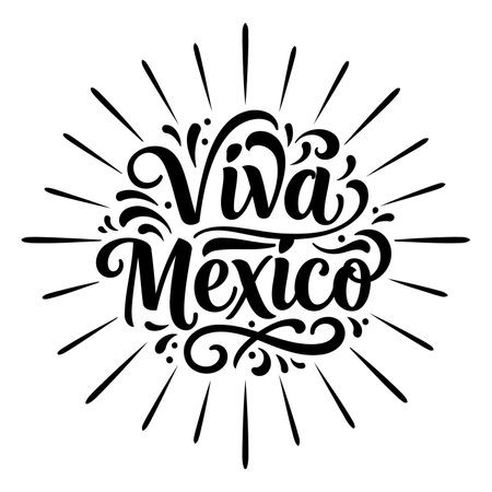 Elegant black lettering design of "Viva Mexico" with decorative flourishes and radiating lines. Ideal for marketing, posters, or merchandise related to Mexican culture.のイラスト素材