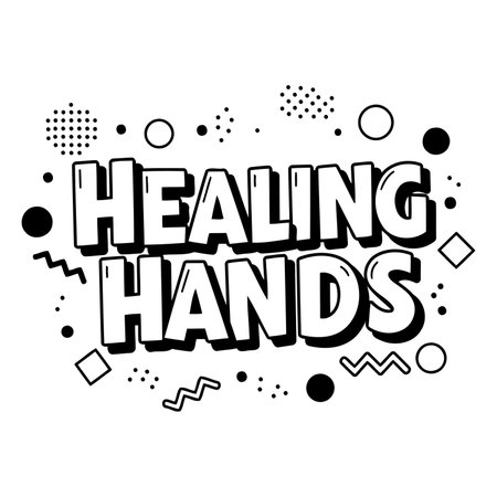 Bold, stylized typography of "Healing Hands" with a pop art aesthetic.  Geometric shapes and dots add visual interest.  Suitable for health-related advertising, wellness campaigns, or editorial content.のイラスト素材