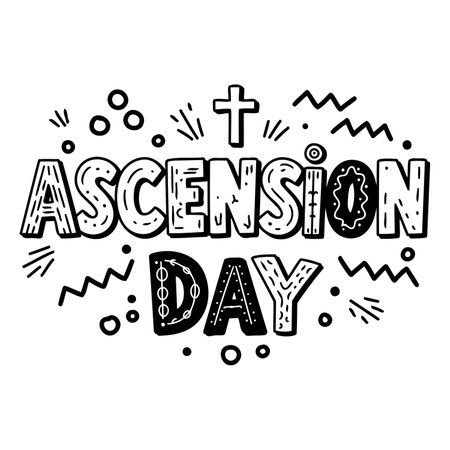Bold, stylized lettering of "Ascension Day" with decorative, graphic elements.  Fun, hand-drawn style. Suitable for religious advertising or editorial use.のイラスト素材