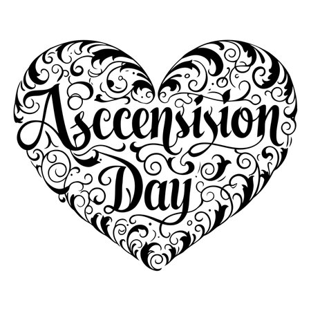Ornate heart-shaped typography design featuring the words "Ascension Day" in a stylized script font, surrounded by decorative floral swirls and filigree patterns.  Ideal for religious-themed advertising, editorial, or social media.のイラスト素材