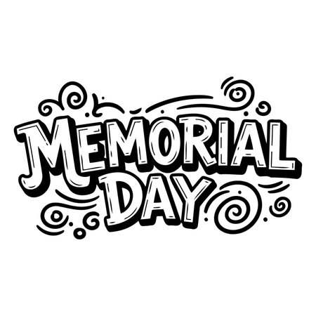 Bold, stylized lettering of "MEMORIAL DAY" with whimsical, hand-drawn flourishes.  Ideal for patriotic advertising, social media, or editorial pieces.のイラスト素材