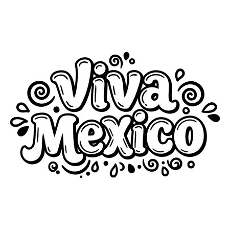 Bold, stylized lettering proclaims "Viva Mexico" with whimsical decorative flourishes.  Perfect for advertising, social media graphics, or editorial pieces related to Mexico.のイラスト素材