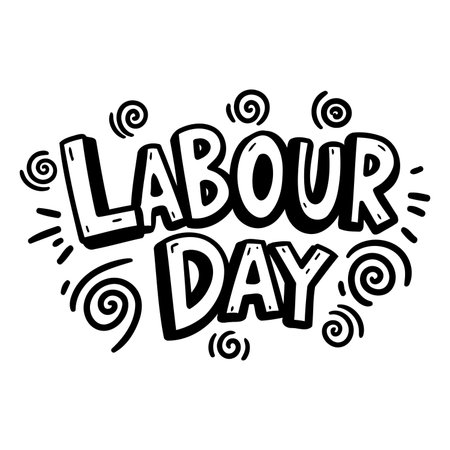 Bold, playful lettering style celebrating Labour Day.  Hand-drawn, cartoonish design with swirls and decorative elements.  Ideal for advertising, social media posts, or editorial content related to labor, holidays, or celebrations.のイラスト素材