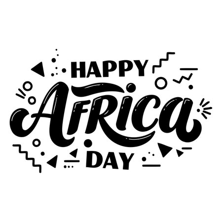 Bold, stylized typography celebrates Happy Africa Day.  Modern, graphic elements enhance the design.  Suitable for advertising, social media graphics, and editorial content related to African culture and events.のイラスト素材