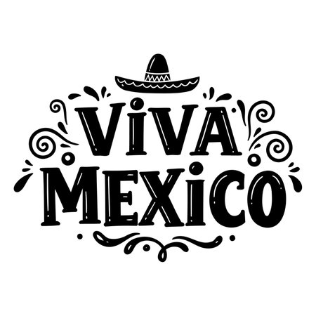 Stylish black and white graphic design of "Viva Mexico" with a sombrero, perfect for marketing or print, featuring a decorative style.のイラスト素材