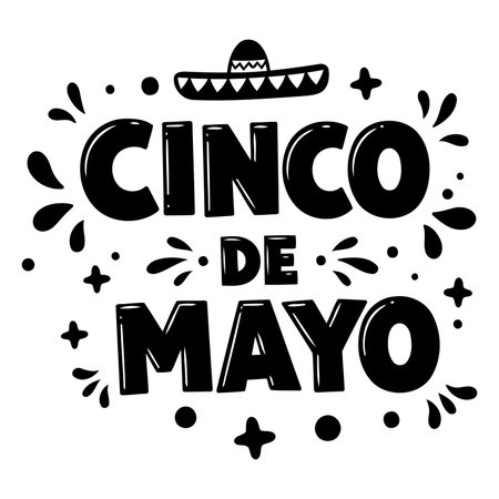 Bold, stylized "Cinco de Mayo" lettering, decorated with whimsical elements like sombrero, dots, and swirls.  Perfect for advertising or social media related to Cinco de Mayo celebrations.のイラスト素材