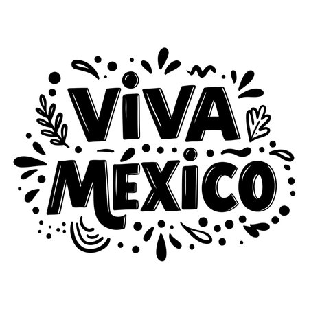 Bold, stylized lettering proclaims "Viva Mexico" in a vibrant, celebratory design.  Hand-drawn, decorative elements surround the text, evoking a festive, cultural feel.  Ideal for advertising, merchandise, or social media content related to Mexico.のイラスト素材