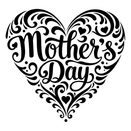 Ornate, decorative heart-shaped Mother's Day lettering.  Stylish, script font within a detailed floral frame.  Suitable for advertising, greeting cards, or editorial design for Mother's Day.のイラスト素材