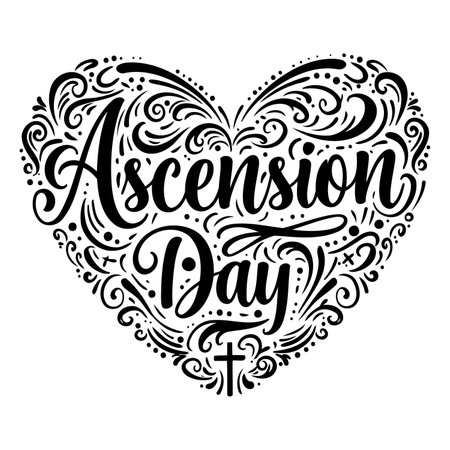 Heart-shaped design with ornate lettering proclaiming Ascension Day.  Classic, elegant style suitable for religious or celebratory advertising, print, or social media.のイラスト素材