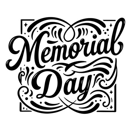 Stylish black and white lettering design of "Memorial Day" perfect for patriotic-themed advertising, social media posts, or editorial use.のイラスト素材