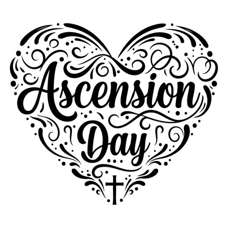 Ornate heart-shaped graphic with "Ascension Day" lettering.  Detailed decorative flourishes and swirls.  Suitable for religious advertising,  greeting cards, or editorial content.のイラスト素材
