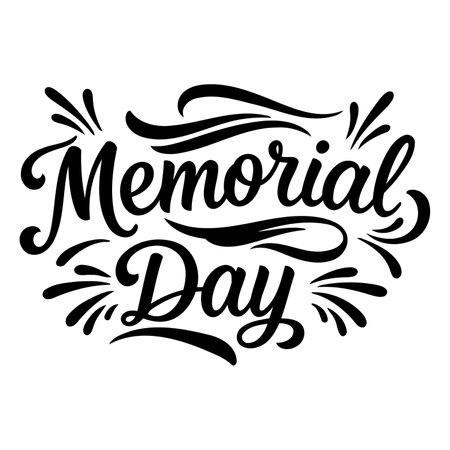 Elegant, stylized lettering of "Memorial Day" with decorative flourishes.  Suitable for advertising, apparel design, or editorial use related to remembrance, patriotism, and holidays.のイラスト素材