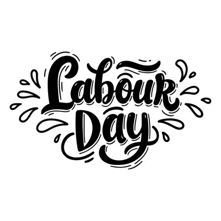 Bold, stylized lettering of "Labour Day" with decorative flourishes.  Perfect for posters, social media graphics, or print materials celebrating the holiday.のイラスト素材