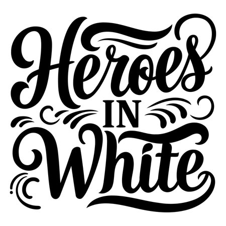 Bold, stylized typography featuring the phrase "Heroes In White".  Classic, vintage-inspired lettering on a white background. Ideal for apparel, posters, or inspirational merchandise.のイラスト素材