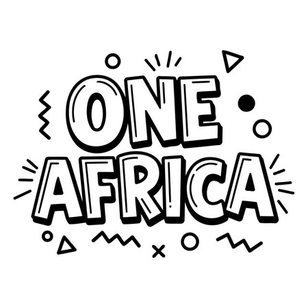 Bold, stylized lettering proclaims "ONE AFRICA" in a graphic, playful font.  Graphic elements around the text add a pop art feel.  Suitable for advertising, social media posts, or educational materials related to unity, Africa, or Pan-Africanism.のイラスト素材