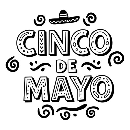 Bold, stylized lettering of "Cinco de Mayo" with decorative elements.  Hand-drawn aesthetic, perfect for celebratory, festive designs. Ideal for advertising, apparel, invitations, or editorial pieces related to Mexican culture.のイラスト素材