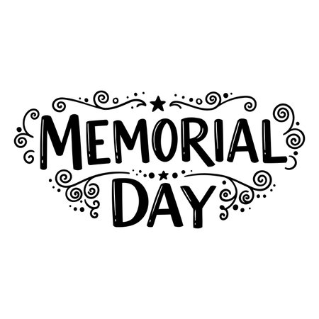 Bold, stylized lettering for Memorial Day, framed with decorative swirls and dots.  Perfect for patriotic advertising, merchandise, or editorial use.のイラスト素材