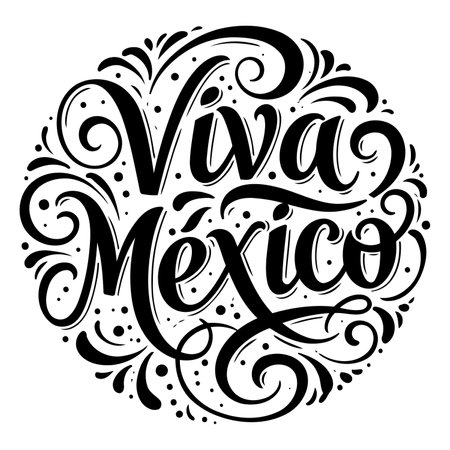 Bold, stylized lettering of "Viva Mexico" in a circular design with ornate flourishes and decorative elements.  Perfect for advertising, travel, or cultural themes.のイラスト素材