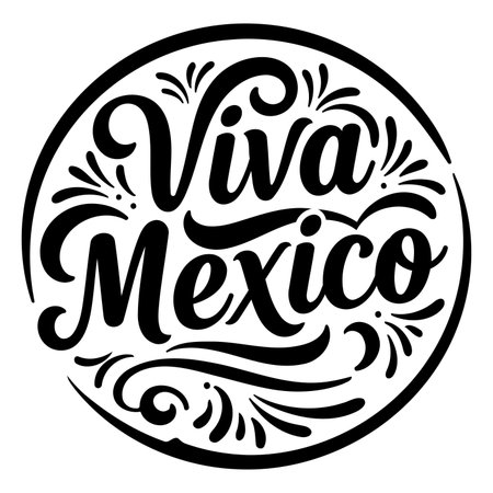 Circular graphic design featuring "Viva Mexico" in stylized lettering. Decorative flourishes add a festive touch.  Suitable for advertising, merchandise, or editorial use related to Mexico.のイラスト素材