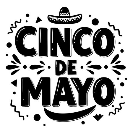 Bold, stylized Cinco de Mayo typography with sombrero and decorative elements. Ideal for Cinco de Mayo themed marketing materials, apparel, or social media posts.のイラスト素材