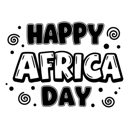 Bold, playful typography celebrates Happy Africa Day.  Graphic style is cartoonish with decorative swirls and dots.  Suitable for advertising, social media posts, or editorial content related to Africa.のイラスト素材