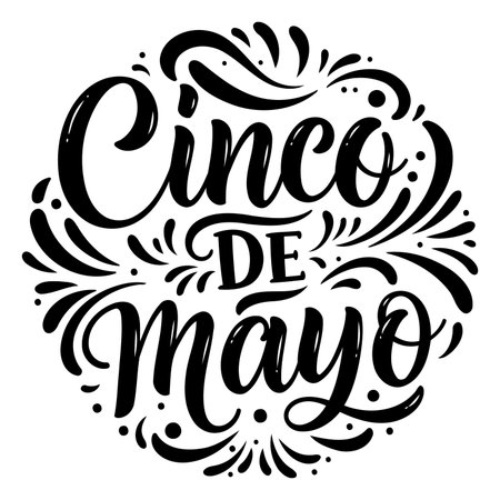 Stylish, bold lettering design of "Cinco de Mayo" in a circular frame with decorative flourishes. Perfect for Cinco de Mayo marketing materials, social media graphics, or editorial use.のイラスト素材