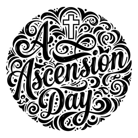 Ornate, circular design featuring the phrase "Ascension Day" in stylized lettering, surrounded by decorative swirls and flourishes.  Ideal for religious or celebratory print materials.のイラスト素材