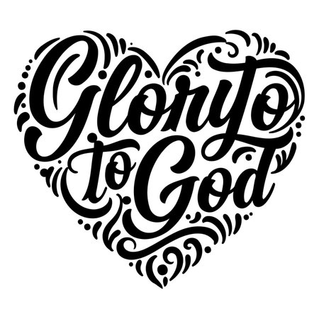 Heart-shaped typography design featuring the phrase "Glory to God" in a stylized, hand-lettered font.  Ornate decorative flourishes frame the text.  Suitable for religious advertising, posters, or editorial design related to faith.のイラスト素材