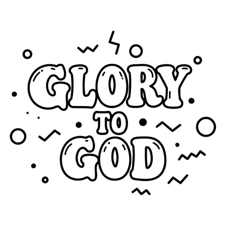 Bold, stylized lettering proclaiming "Glory to God" in a playful, vintage-inspired graphic design.  Simple black line art with graphic elements.  Suitable for religious advertising, posters, or editorial pieces.のイラスト素材
