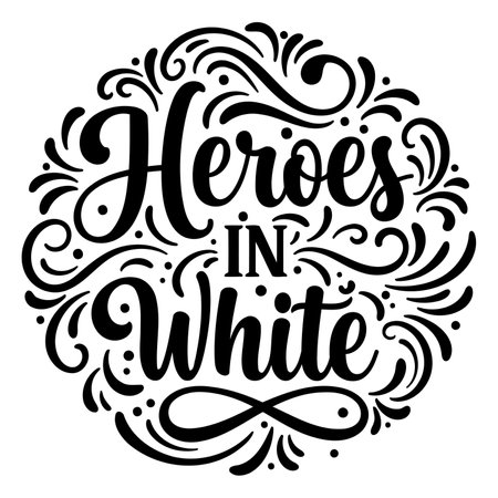 Elegant, circular design with "Heroes in White" lettering. Ideal for marketing or education materials showcasing strength, determination or healthcare.  Use in print ads, social media, or posters.のイラスト素材