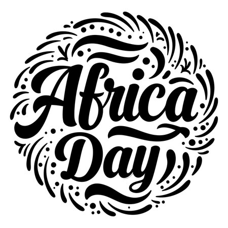 Bold, stylized typography celebrating Africa Day. Circular design with decorative flourishes. Ideal for advertising, posters, or editorial content related to Africa or African culture.のイラスト素材