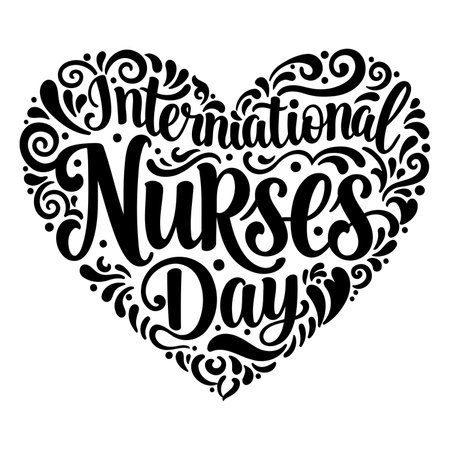 Decorative heart-shaped graphic with "International Nurses Day" lettering. Ideal for marketing, social media, or print design for healthcare and nursing events.のイラスト素材