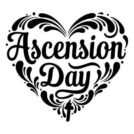Heart-shaped decorative design featuring "Ascension Day" lettering.  Ornate swirls and flourishes frame the text; a stylized cross is subtly incorporated. Suitable for religious advertising or editorial.のイラスト素材