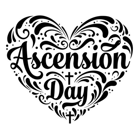 Heart-shaped design with ornate floral swirls surrounding the text "Ascension Day".  Classic, elegant style.  Suitable for religious advertising, church bulletins, or Christian-themed merchandise.のイラスト素材