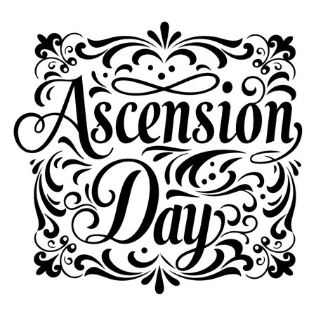 Ornate, black and white typography of "Ascension Day."  Intricate, decorative flourishes frame the text in a square.  Suitable for religious or historical advertising, posters, or editorial pieces about Christian holidays.のイラスト素材