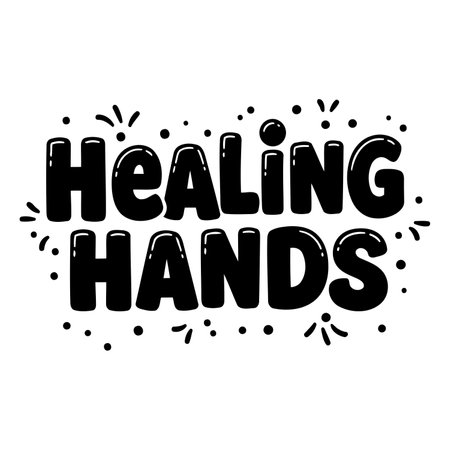 Bold, bubble-lettered text "Healing Hands," with decorative elements.  Ideal for social media posts, posters, or educational materials.のイラスト素材
