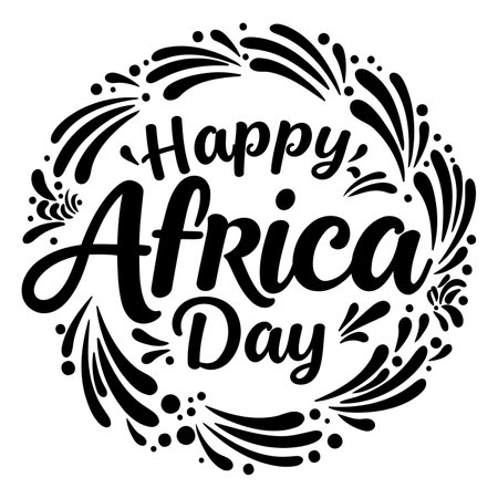 Circular graphic with "Happy Africa Day" in stylized lettering, surrounded by decorative floral patterns.  Ideal for advertising, social media, or editorial pieces relating to Africa Day.のイラスト素材